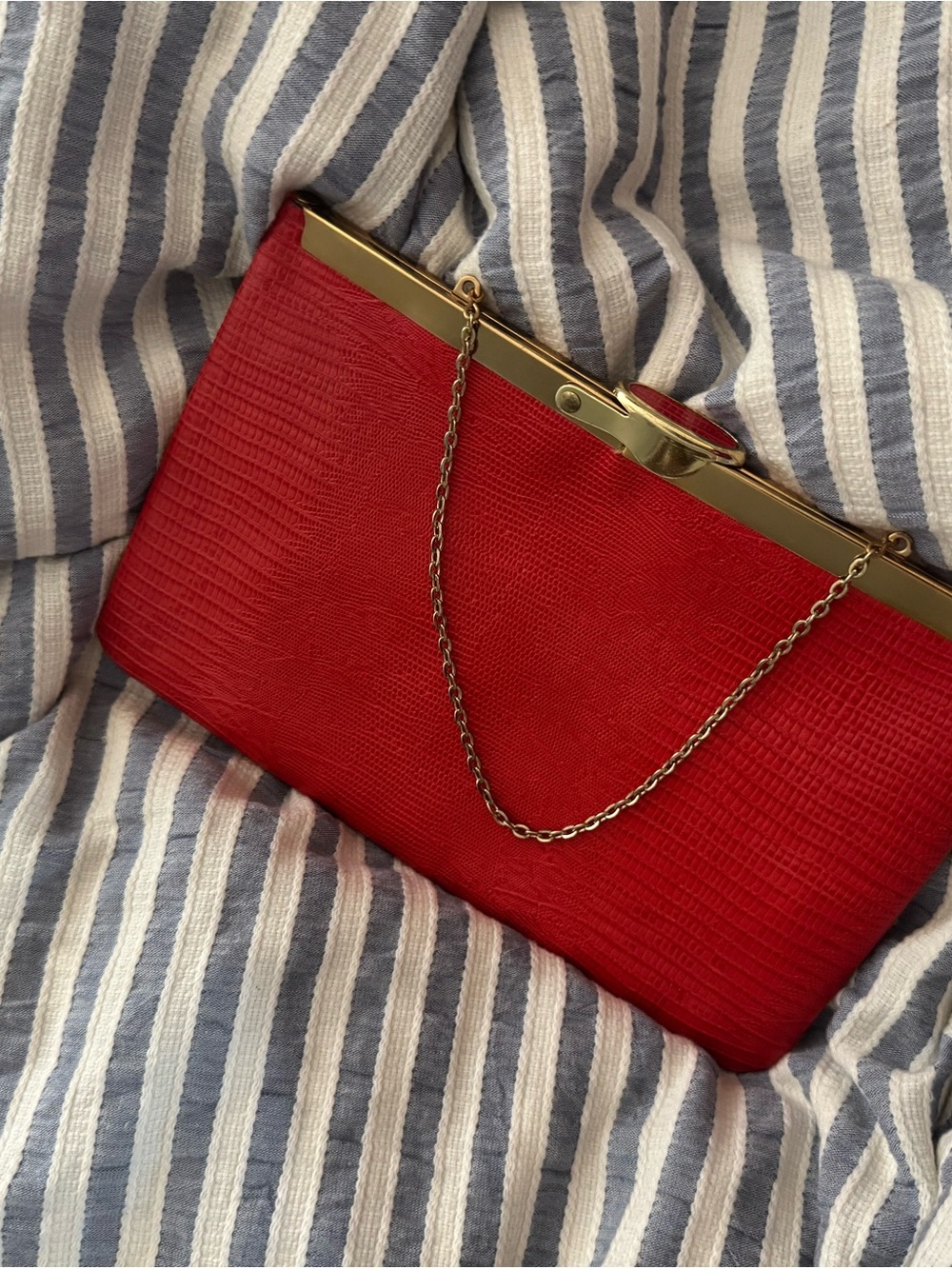 Red Textured Chain Clutch Handbag